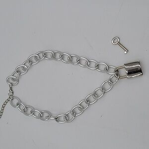Silver Tone Chain Necklace with Padlock and Key